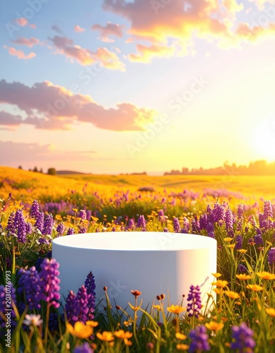 A clean white podium stands in a vibrant meadow at sunset
