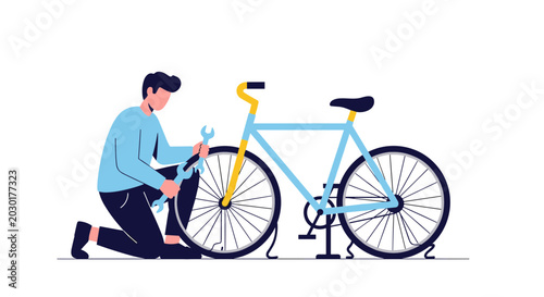 Man repairing a bicycle with a wrench on a white background