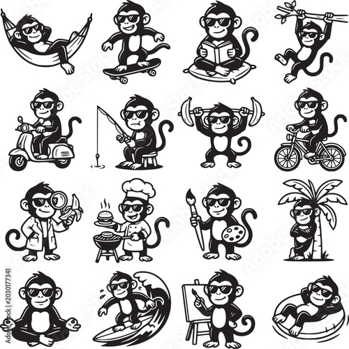 Photography Set of cartoon monkey illustrations in various playful poses and activities line