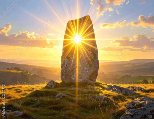 Majestic monolith bathed in golden sunset, casting sunrays through its form