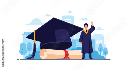 Schilderij op canvas flat vector illustration of graduate standing proudly beside graduation cap and