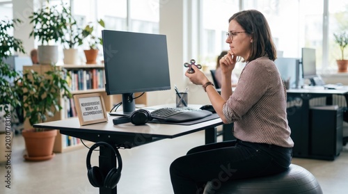 Woman sitting on balance ball at desk holding fidget spinner with neurodivergent accommodation sign