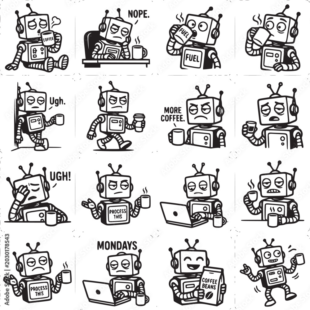 Fototapeta premium Robot Characters Performing Various Human Activities and Emotions in Sketch Style Illustration