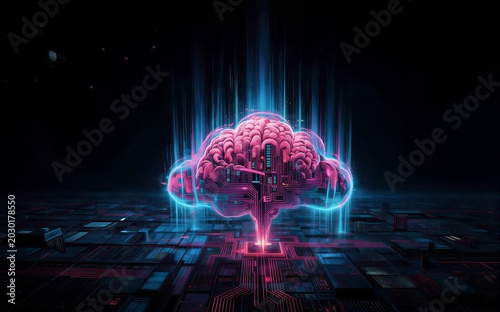 Neon brain pulses over futuristic city circuits glow with AI