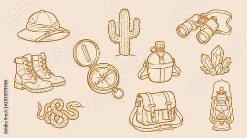 Billede på lærred Collection of vintage safari and exploration equipment, including a pith helmet, boots, compass, canteen, binoculars, and lantern