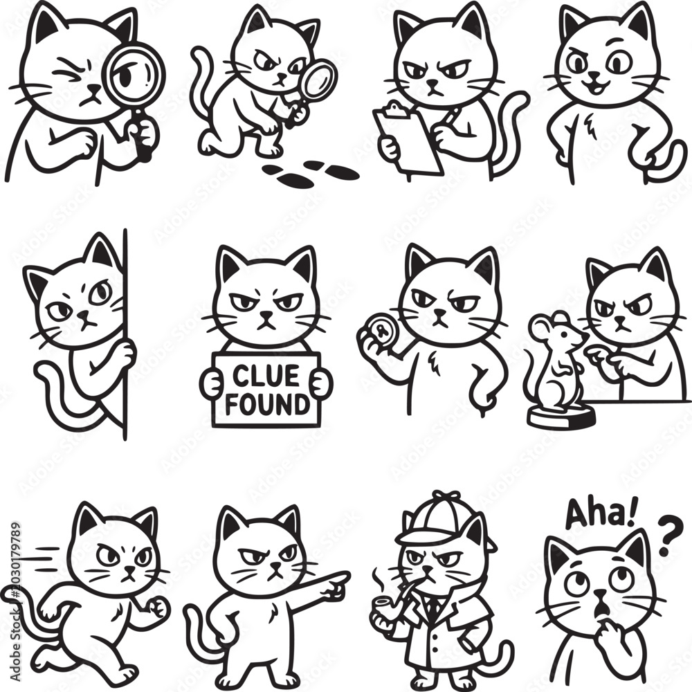 Fototapeta premium Detective cat character set with 12 vector icons, cute investigator kitten mascots in black and white line art, funny feline sleuth stickers for mystery projects