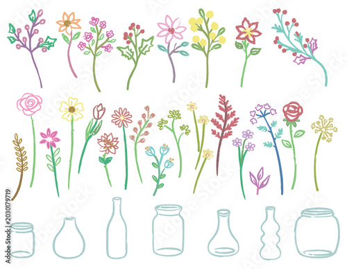 illustration of a vibrant Doodle flowers pots and plants hand drawn isolated on white background