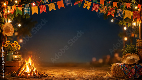 Festa Junina Celebration with Bonfire, Colorful Flags, and String Lights at Night
