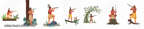 Fotografia Collection of indigenous tribal hunters in traditional attire scouting through a tropical rainforest with blowguns and rifles