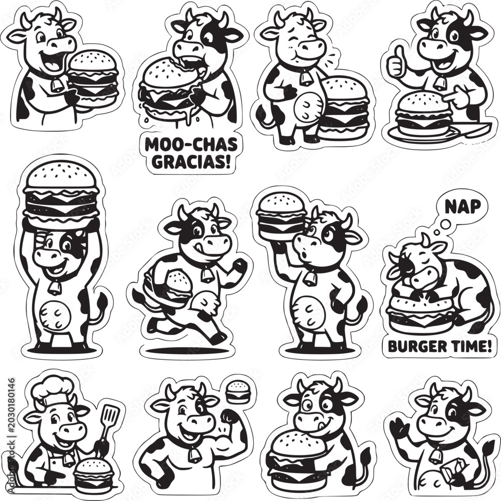 Fototapeta premium Cartoon cow character mascot set, funny black and white cattle eating burgers, 12 vector stickers for fast food restaurant branding and menus