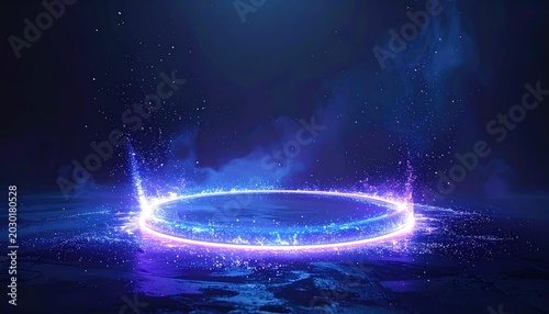 A glowing purple-blue ring of energy erupts from a textured surface, surrounded by mist and sparks