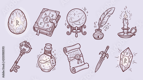 Fotografie Collection of fantasy and magic icons including a dragon egg, spellbook, crystal ball, quill, candle, key, potion, scroll, sword, and rune stone