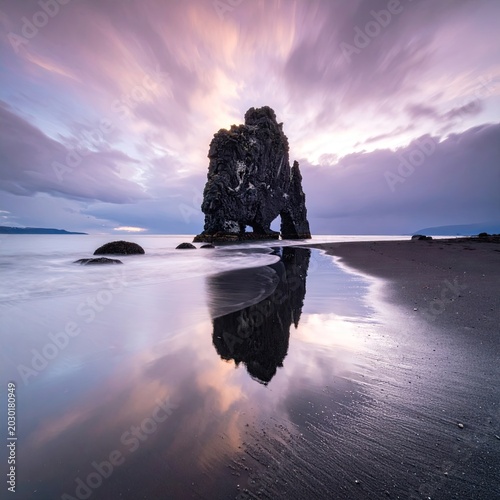 Majestic sea stack reflected on wet sand under a vibrant, cloudy sky
