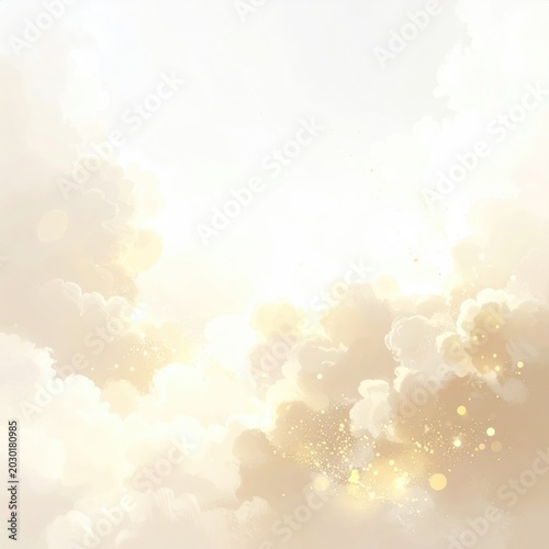 Soft golden light filters through fluffy clouds, creating a serene, ethereal glow