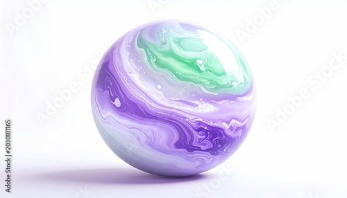 Abstract swirling marbled sphere with purple and green hues on white