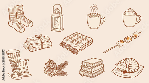 Fotografie Cozy winter icons set including warm socks, hot drinks, blanket, rocking chair, and sleeping cat