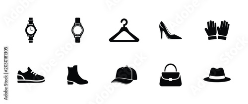 Slika na platnu Fashion accessory icons showing footwear and headwear for styling outfits with watches high heels shoes gloves cap and handbag for trendy clothing and personal adornment