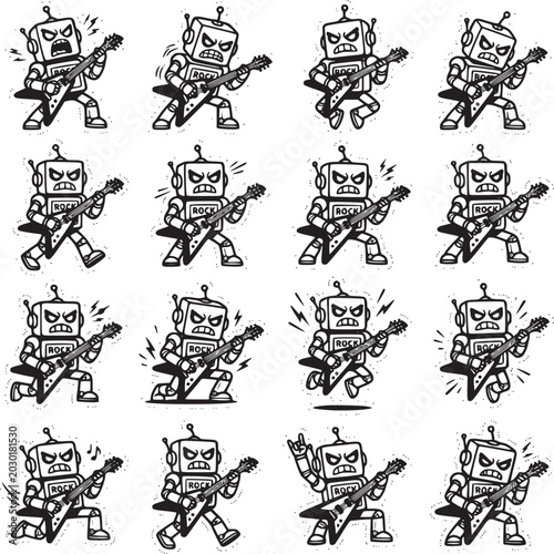 Robot Character Set Posing in Various Actions Line Art Illustration