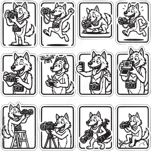 Cute Cartoon Wolf Characters in Various Poses and Activities Line Art Illustration