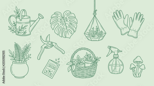 Schilderij op canvas Collection of hand-drawn gardening tools and plants, including a watering can, pruning shears, gloves, and potted plants