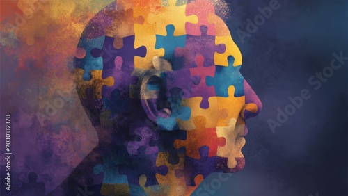 Colorful puzzle piece human head symbolizing mental health and cognitive awareness