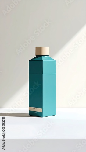 Tall teal bottle with a light cap, casting a shadow