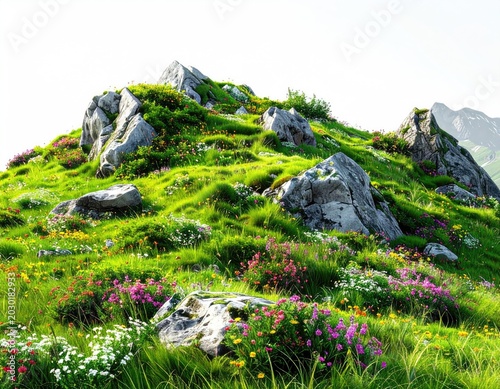 Rocky mountainside carpeted in vibrant green grass and colorful wildflowers