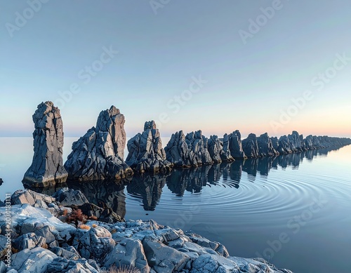Jagged rock formations pierce calm water, creating rhythmic ripples under soft sky