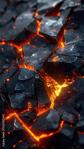 Cracked, dark rock surface with glowing orange embers and fiery fissures