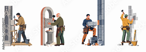 Fotografija A set of professional stonemasons and carvers crafting architectural elements like columns, arches, and walls with traditional hand tools, in flat illustration style