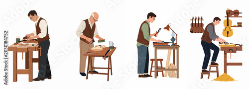 Foto Artisanal luthiers and violin makers at work in their workshop, crafting, polishing and inspecting string instruments using traditional woodworking tools and methods