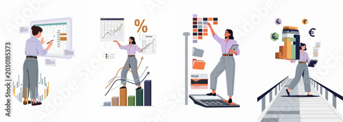 Vászonkép Professional woman engaging in data analysis, financial reporting, revenue tracking, and business management tasks across four distinct conceptual vector illustrations