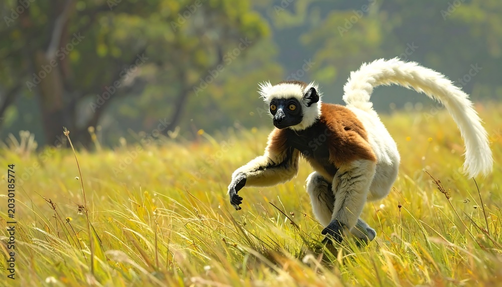 Fototapeta premium A sifaka lemur leaps across a grassy field under a blurred backdrop of trees. Its white, brown, and black fur creates a stunning contrast