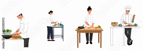 Fotografi Set of professional chefs in white uniforms preparing and cooking fresh vegetables at different kitchen workstations in a clean flat vector style