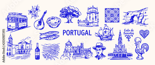 Portugal Cultural Icons Montage: A vibrant collection of hand-drawn blue and white illustrations showcasing the rich culture and iconic landmarks of Portugal.