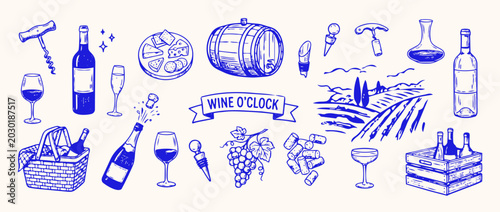 Fotografie A Toast to Viticulture: A whimsical collection of hand-drawn illustrations celebrating the art of winemaking and enjoyment, from vineyards to the final pour