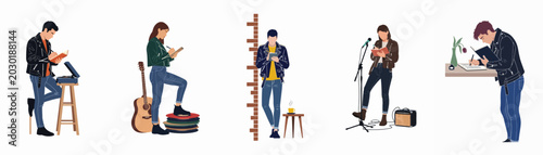 Foto Flat vector illustrations of young musicians and songwriters in leather jackets writing music and lyrics, featuring musical instruments and creative settings