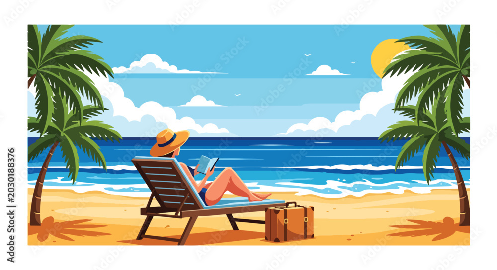 Obraz premium flat vector illustration of traveler relaxing beside ocean with suitcase and palm trees during peaceful summer travel vacation