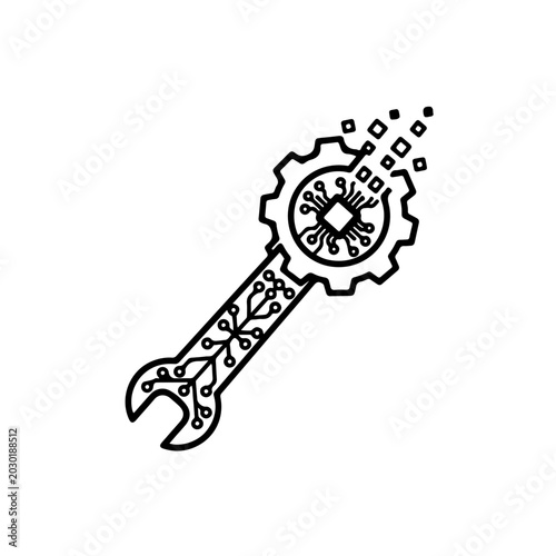 Digital engineering wrench gear logo with circuit pattern and dissolving pixels, technology concept
