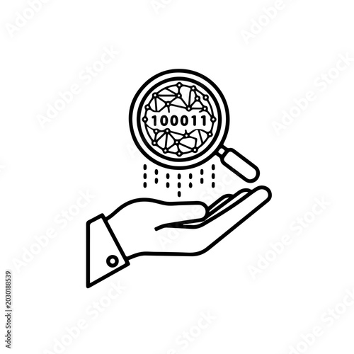 Digital Data Analysis and Research Concept with Magnifying Glass over Hand Icon