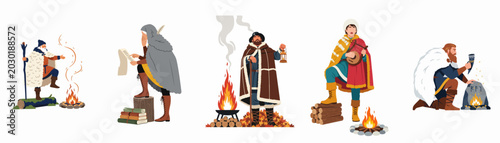 Photos Medieval fantasy characters collection featuring a wizard, scribe, traveler, bard and warrior with campfires, isolated on a white background
