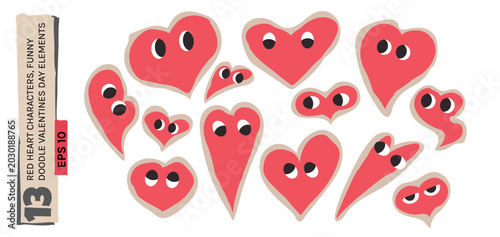 Tableau sur toile Cute red heart characters set, funny doodle valentines day elements with expressive eyes isolated on white background