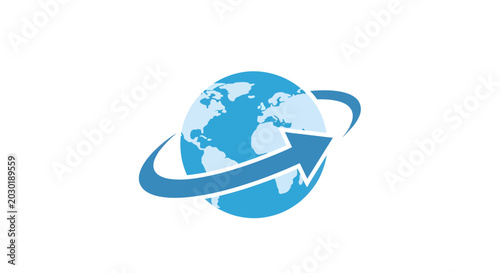 Sleek flat vector icon illustrating global internet connection and worldwide communication, with an encircling arrow symbolizing digital advancement, navigation, and seamless online reach