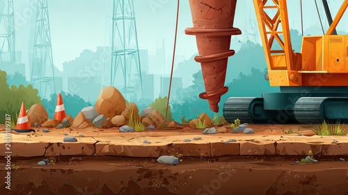 Construction Site Illustration with Crane, Drill, Rocks, and Traffic Cones in a Green Environment