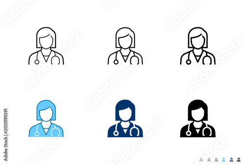 Female doctor line and solid icon set for healthcare and medical concept
