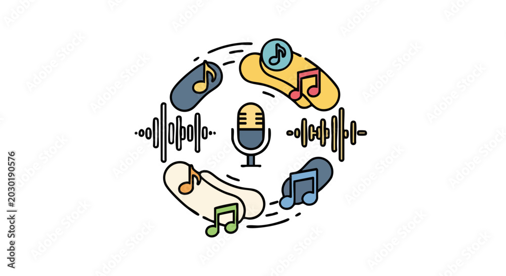 Fototapeta premium Musical Sound Elements with Microphone and Audio Waves Vector Art