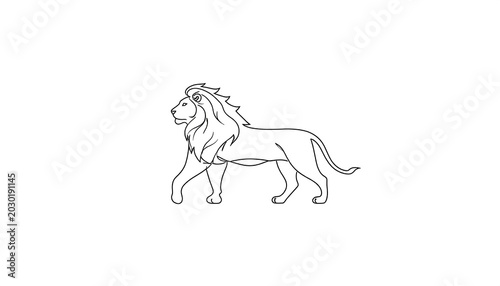 A simple outline of a majestic lion walking. Its mane is flowing and its posture exudes strength and confidence against a white background