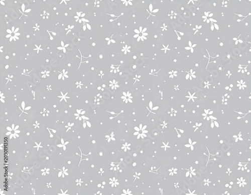 A simple seamless floral pattern featuring various small white flowers and leaves scattered on a light grey background