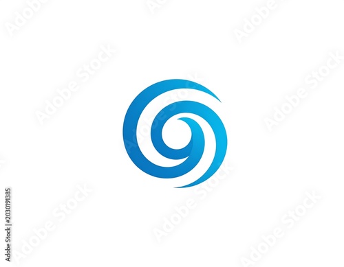 A simple, symmetrical abstract emblem with a spiraling, flowing design. A gradient of blue hues creates depth against a white background