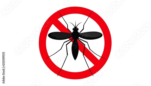 A simple, vector-style depiction of a mosquito, crossed out with a red circle, conveying a prohibition. The background is white
